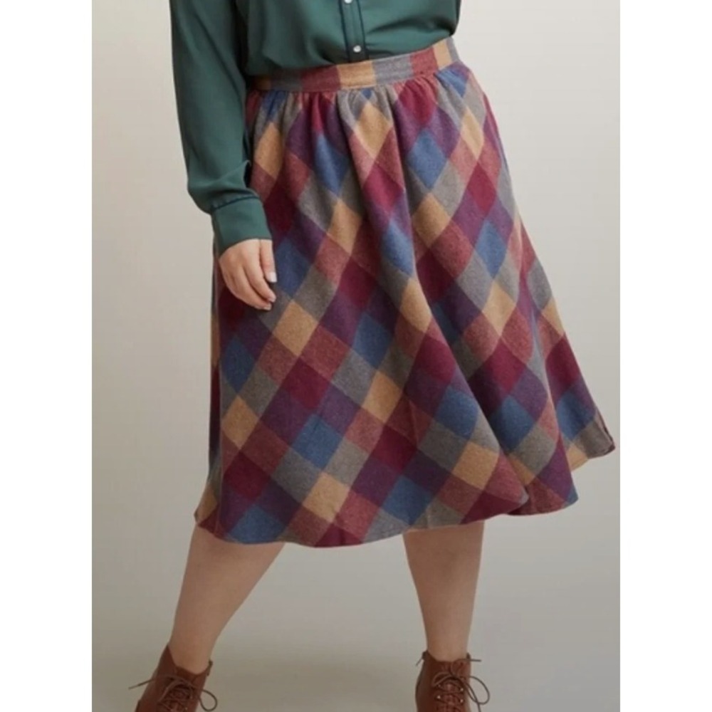 ModCloth Wool Blend Midi Skirt Women's M Fall Colors Checked Plaid w/ POCKETS